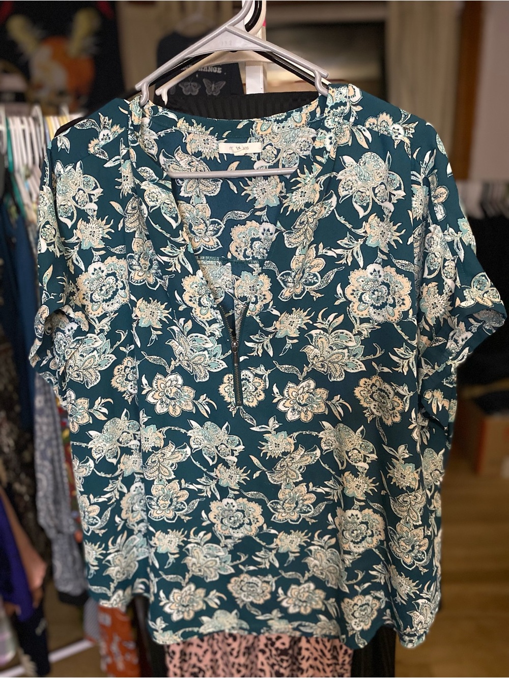 Maurices Teal Floral Quarter Zip Blouse